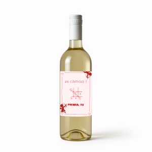 Cadou original: vin personalizat cu mesajul „Premiul: Tu”.