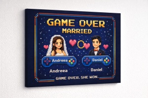 Tablou Canvas Caricatură Cuplu „Game Over – Married” – Pixel Art Personalizat
