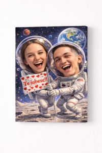 Tablou Canvas Caricatură Cuplu Astronauți – Cadou Personalizat „Te iubesc”