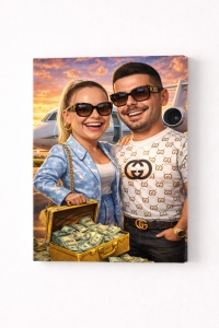 Tablou Canvas Caricatură Cuplu Miliardari cu Avion Privat – Cadou Personalizat Funny