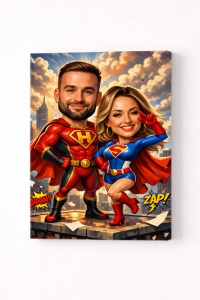 Tablou Canvas Caricatură Cuplu Super Eroi – Cadou Personalizat Funny