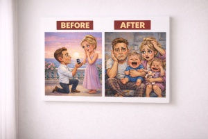 Tablou Canvas Caricatură Familie cu Doi Copii – Before & After Amuzant Personalizat