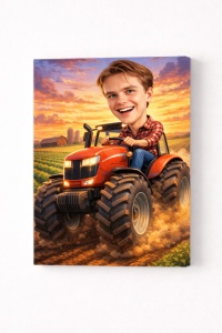 Tablou Canvas Caricatură Fermier pe Tractor Personalizată – Cadou Amuzant pentru Agricultori