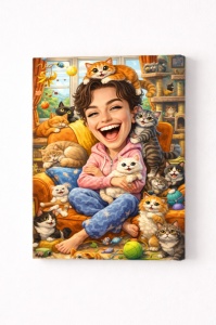 Tablou Canvas Cat Lover – Ilustrație Amuzantă cu Fată