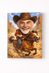 Tablou Canvas Personalizat – Cowboy în Galop | Caricatură Western Amuzantă
