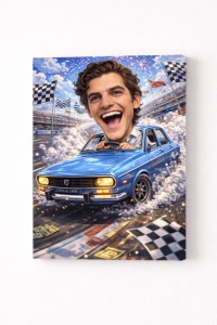 Tablou Canvas Personalizat – Pilot de Curse cu Dacia | Caricatură Auto Amuzantă