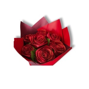 Buchet trandafiri satin roșii cu sclipici – cadou romantic premium | Flori artificiale elegante