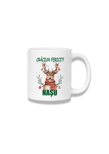 Cană ceramică 380 ml – Crăciun fericit, nașu – ren cu flori