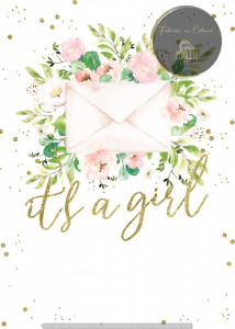 Invitație Botez B532 - It's a Girl, Flori Roz și Auriu