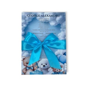 Invitație botez băiat ursuleți baby blue cu fundiță – invitații botez personalizate elegante