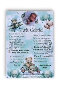 Invitație de botez personalizată băiețel cu ursuleț – verde mentă, sigiliu de ceară și flori uscate - Img 4