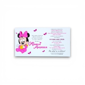 Invitație de botez personalizată pentru fetițe cu Minnie Mouse și plic roz elegant, perfectă pentru un botez plin de culoare și bucurie.