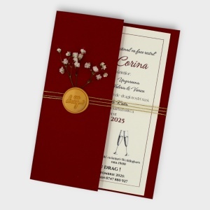 Invitație elegantă cu sigiliu de ceară și plic bordeaux