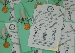 Invitație Nuntă cu Plic Verde Mentă, Foită Aurie și Sigiliu Inimă - Img 3