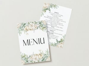 Meniu nuntă floral elegant cu trandafiri crem și verde salvie