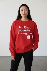Pulover roșu de Crăciun pentru damă – „Am lăsat cadourile… la magazin” – model amuzant