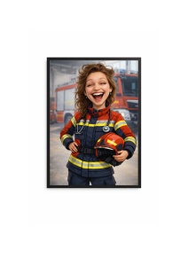 Ramă Foto Caricatură Pompier – Tablou Caricatură Amuzantă Personalizată, Cadou pentru Ea