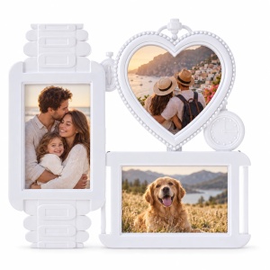 Ramă foto colaj Ceasuri decorative și inimă, alb – 3 fotografii incluse