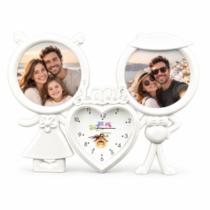 Ramă foto colaj Figurine și ceas inimă, alb – 2 fotografii incluse