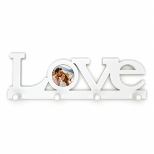 Ramă foto decorativă Love cu cârlige și fotografie rotundă, alb – 1 fotografie inclusă