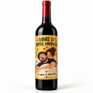 Sticlă de vin personalizată cu nume „Iubire cu simțul umorului” – Valentine’s Day