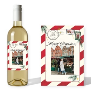 Sticlă Personalizată Crăciun „Merry Christmas – Postcard Edition” – Model Retro cu Timbre & Ramă Festivă