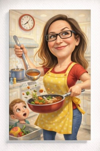 Tablou Canvas Caricatură Mamă în Bucătărie – Portret Personalizat cu Copil
