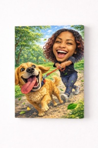Tablou Canvas Personalizat – Plimbare cu Câinele Portret Amuzant cu Animal de Companie