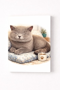 Tablou Canvas Pisică Relaxată cu Cafea – Decor pentru Iubitorii de Pisici