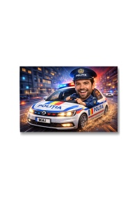 Tablou Canvas Polițist în Mașina de Poliție – Caricatură Amuzantă cu Poliția