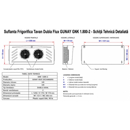 Suflanta Frigorifica Tavan Dubla Flux GUNAY GNK 1.800-2 cu 2 Ventilatoare 250 mm — 1440W Compacta - Img 2