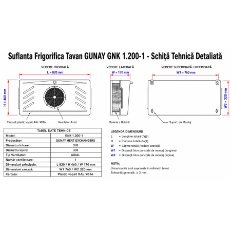 Suflanta Frigorifica Tavan GUNAY GNK 1.200-1 cu Ventilator Axial 300 mm — 880W Flux Unidirectional - Img 2
