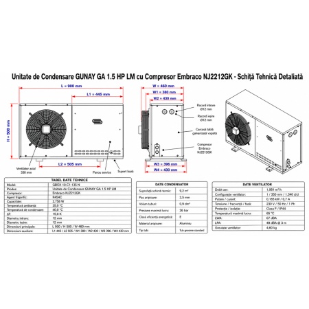 Unitate de Condensare GUNAY GA 1.5 HP LM cu Compresor Embraco NJ2212GK — Agregat Frigorific Complet pentru Congelare Comerciala (-25/+45°C) - Img 2