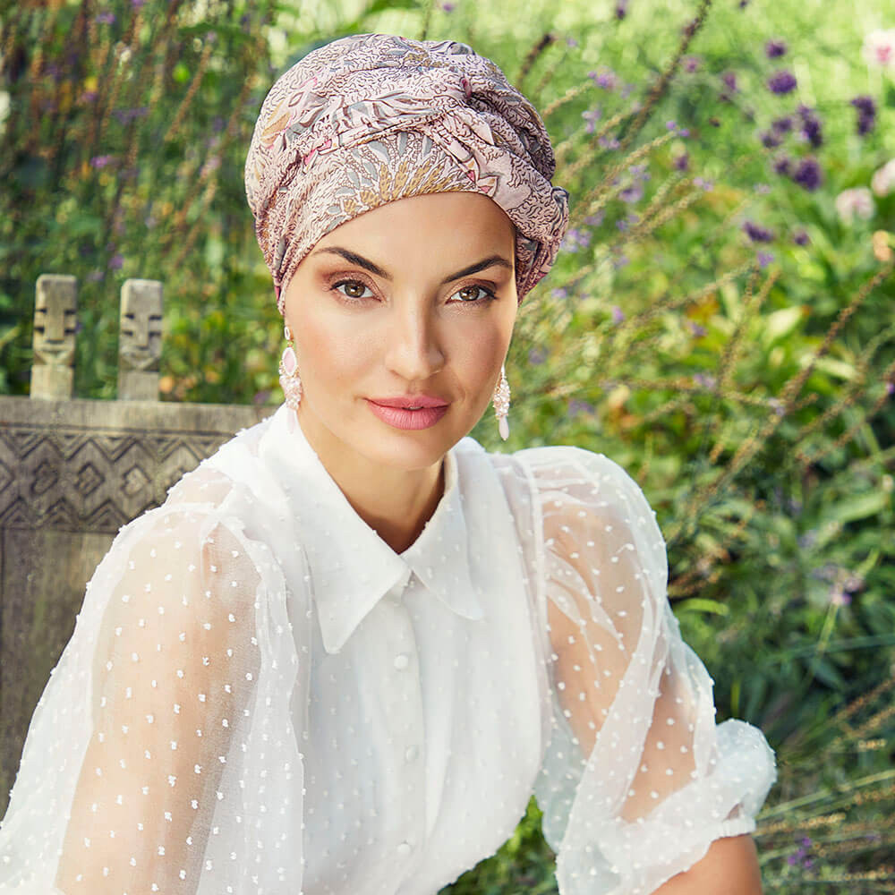 Turban Set Boho Amber, Pastel Rose Bouquet, Poliester/Captuseala Vascoza din bambus