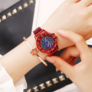 Дамски часовник GENEVA CS1171, модел Starry Sky, магнитна гривна, въртящ се циферблат, елегантен, червен - Img 4