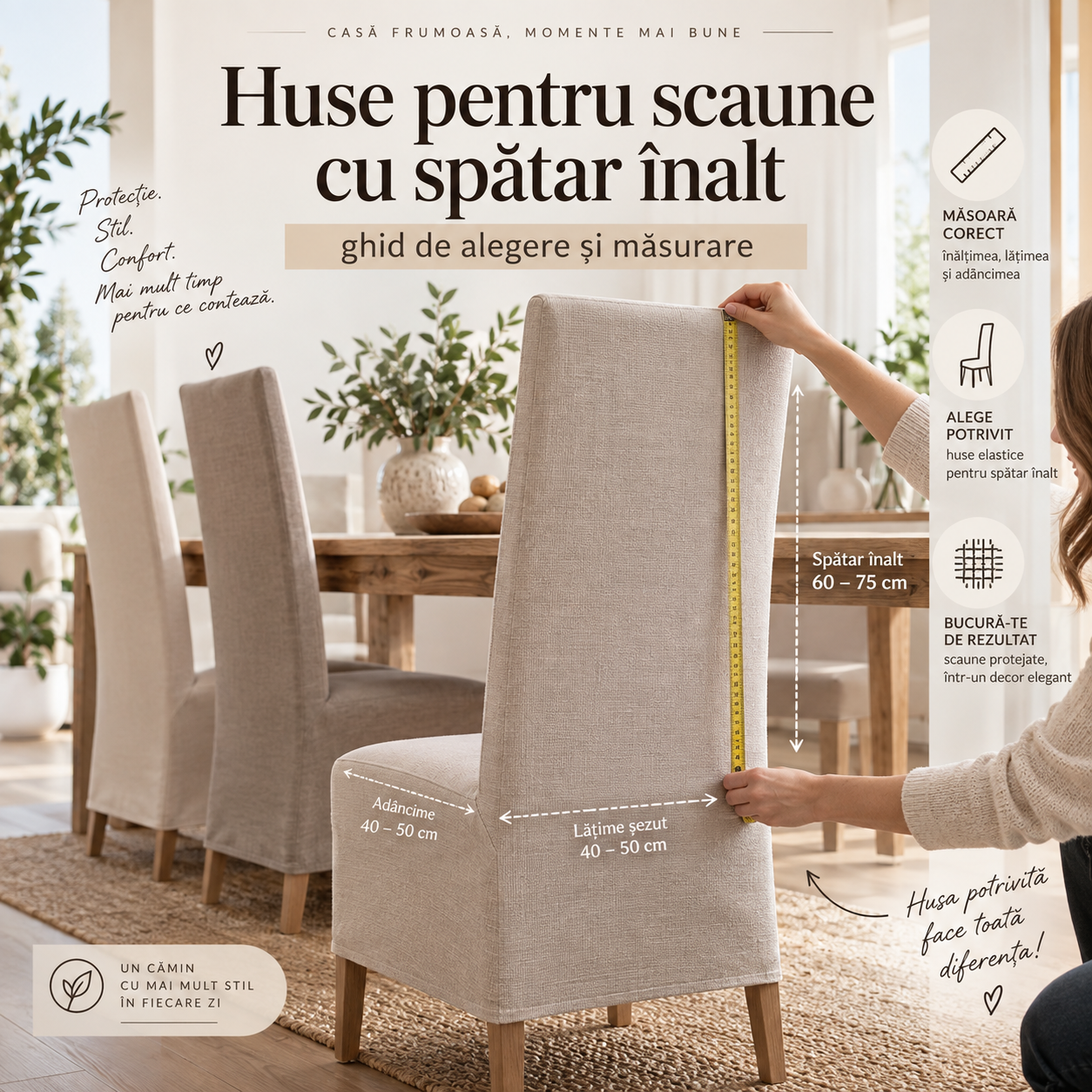 Huse pentru scaune cu spătar înalt: ghid de alegere și măsurare