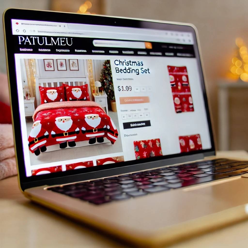 ecran de laptop pe care se afiseaza o lenjerie de pat cu tematica de craciun de pe patulmeu.ro