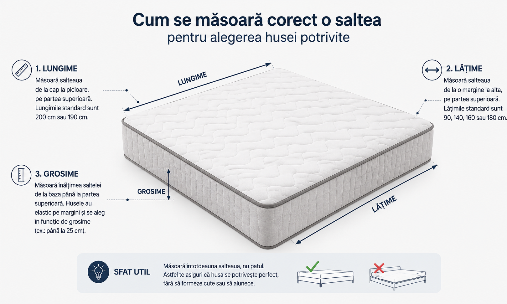 Măsurarea lungimii, lățimii și grosimii saltelei înainte de alegerea husei