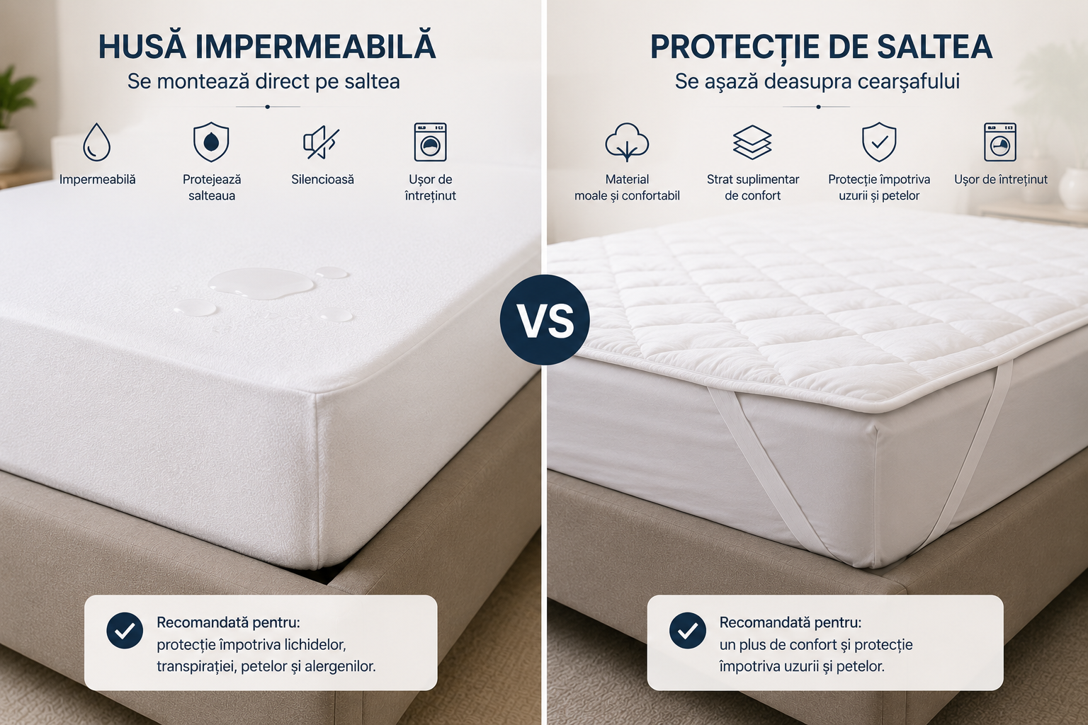 Comparație între o husă de pat impermeabilă și o protecție de saltea