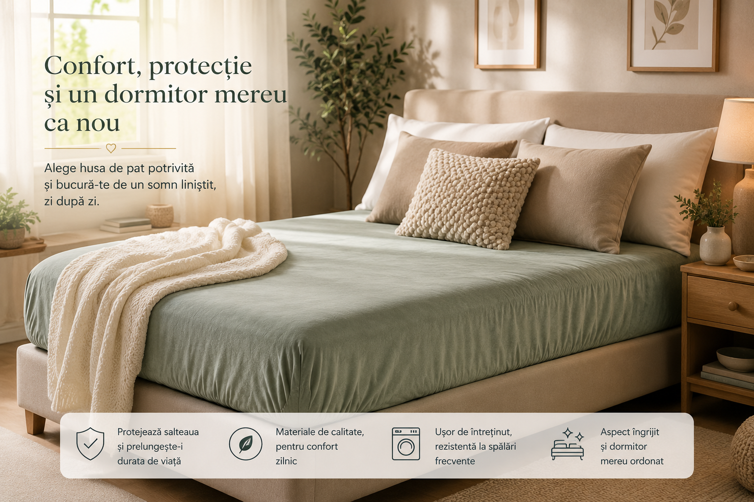 Dormitor matrimonial amenajat cu o husă de pat elegantă