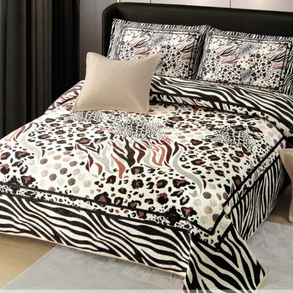 Cuvertura de pat, catifea imprimata matlasata, 5 piese, pat 2 persoane, maro / negru, E300-36