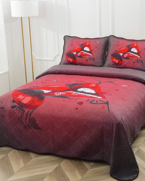 Cuvertura de pat cu 2 fete, 3 piese, bumbac tip finet, negru / rosu, CVP3-11
