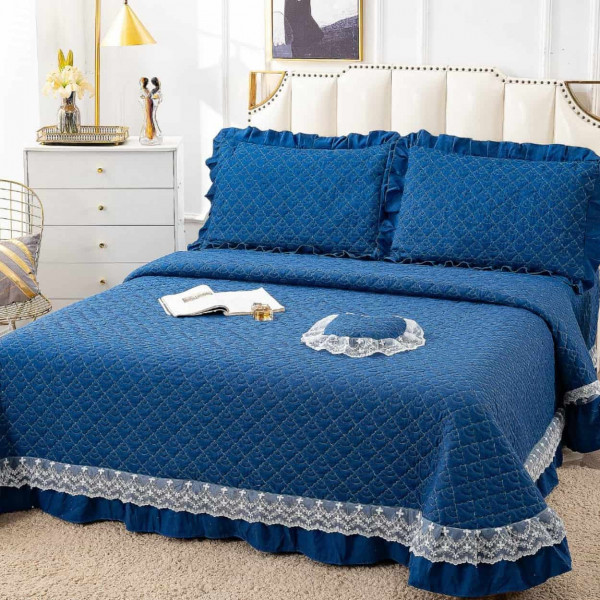 Cuvertura de pat cu volan si broderie, policoton, 4 piese, pat 2 persoane, albastru, CPVP-16