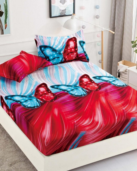 Husa de pat cu elastic + 2 fete de perna pentru pat dublu, finet, bleu / rosu, HBF-102
