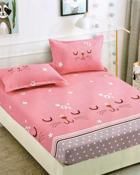 Husa de pat cu elastic si 2 fete de perna, bumbac tip finet, pat 2 persoane, roz, HBF-26