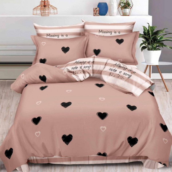 Lenjerie de pat cu 2 fete, bumbac tip finet, pat 2 persoane, roz, 6 piese, R60-350