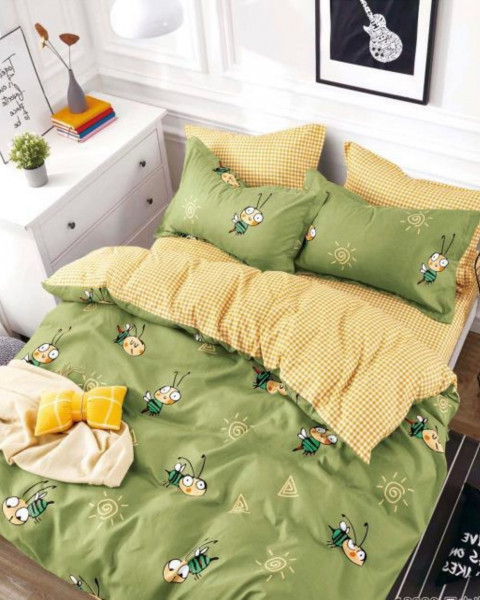 Lenjerie de pat cu 2 fete, bumbac tip finet, pat 2 persoane, verde / galben, 6 piese, FNJ-192