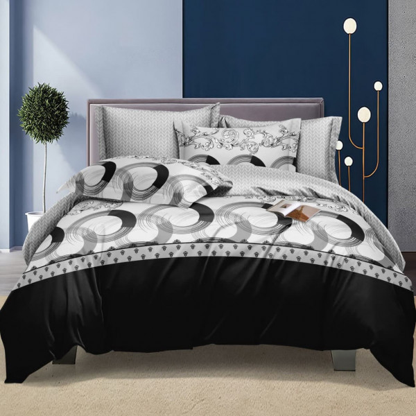 Lenjerie de pat cu 2 fete, policoton, 4 piese, pat 2 persoane, negru / gri, A50-610