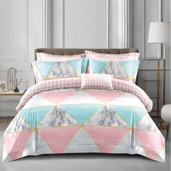 Lenjerie de pat cu 2 fete, policoton, 4 piese, pat 2 persoane, roz / gri, A50-618