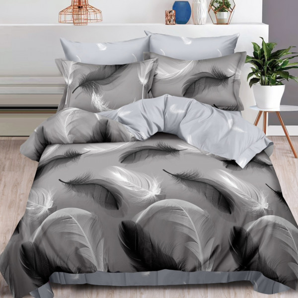 Lenjerie de pat cu elastic, bumbac tip finet, 6 piese, pat 2 persoane, negru / gri, FNE-197